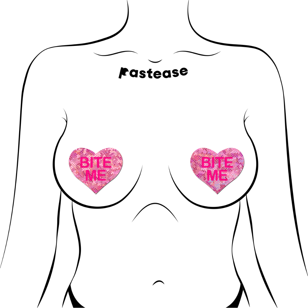 5-Pack: Love: Disco Pink Heart with 'Bite Me' Nipple Pasties by Pastease®