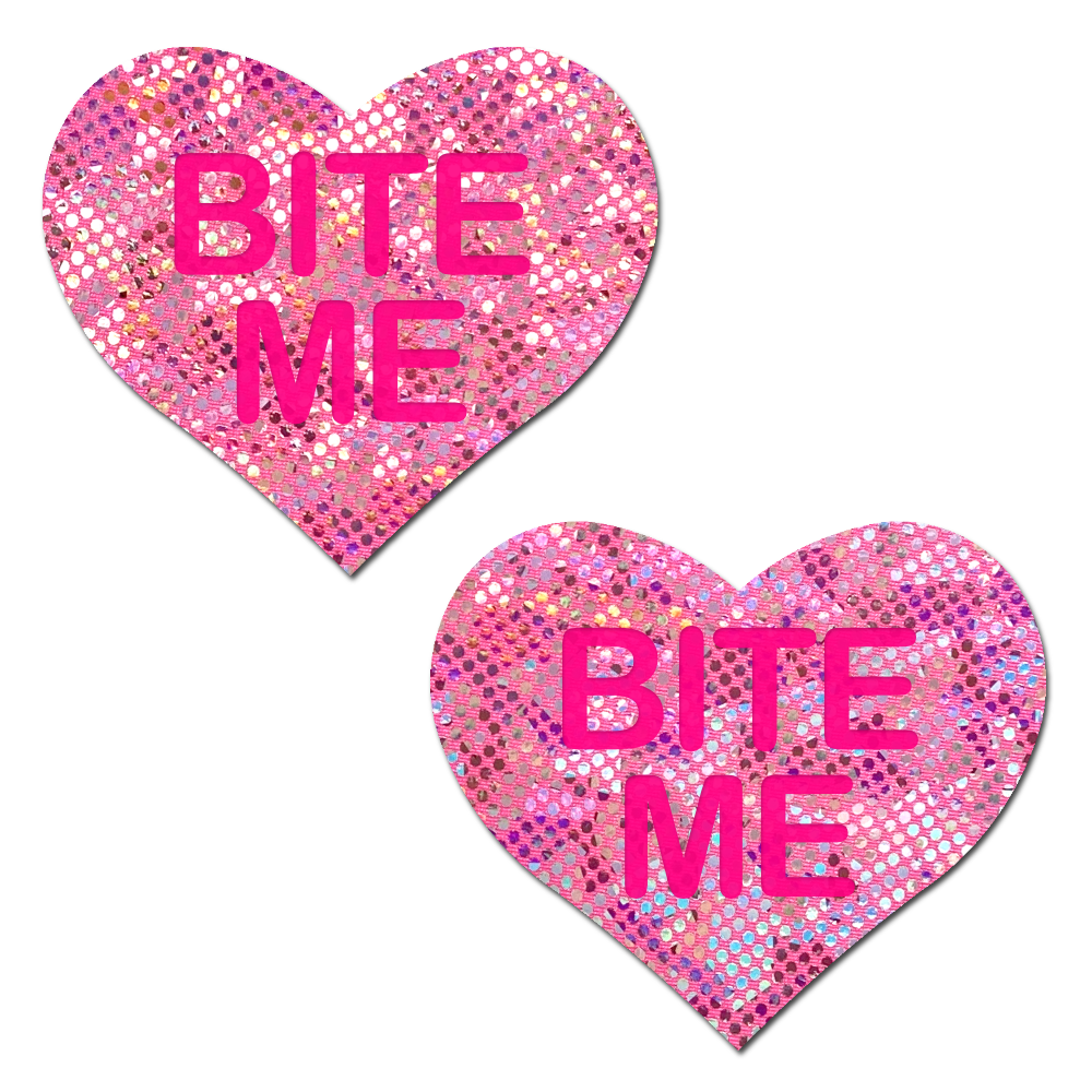 5-Pack: Love: Disco Pink Heart with 'Bite Me' Nipple Pasties by Pastease®