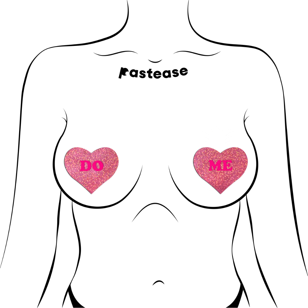 5 Pack: Love: 'DO ME' in Neon Pink on Pink Glitter Heart Nipple Pasties by Pastease