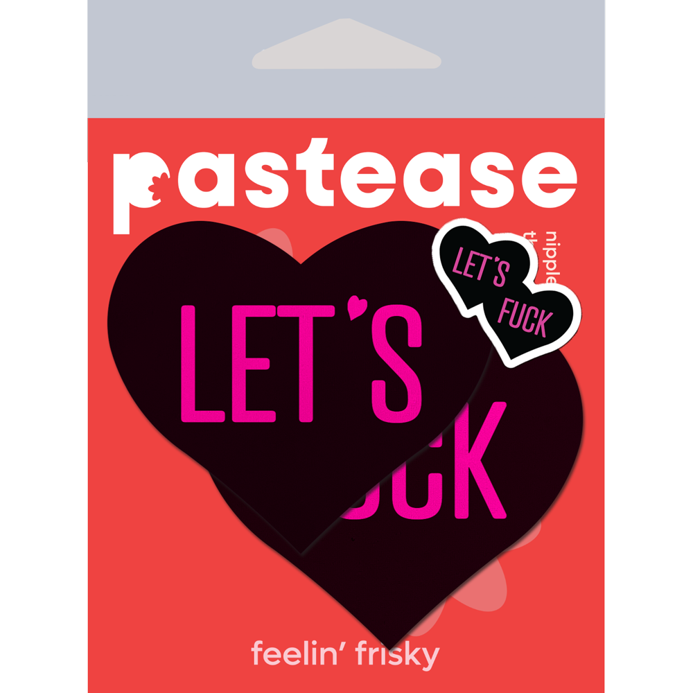 5-Pack: Love: 'Let's Fuck' Black Heart on Neon Pink Base Nipple Pasties by Pastease®