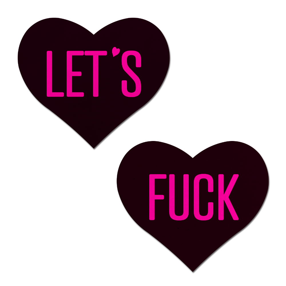 5-Pack: Love: 'Let's Fuck' Black Heart on Neon Pink Base Nipple Pasties by Pastease®
