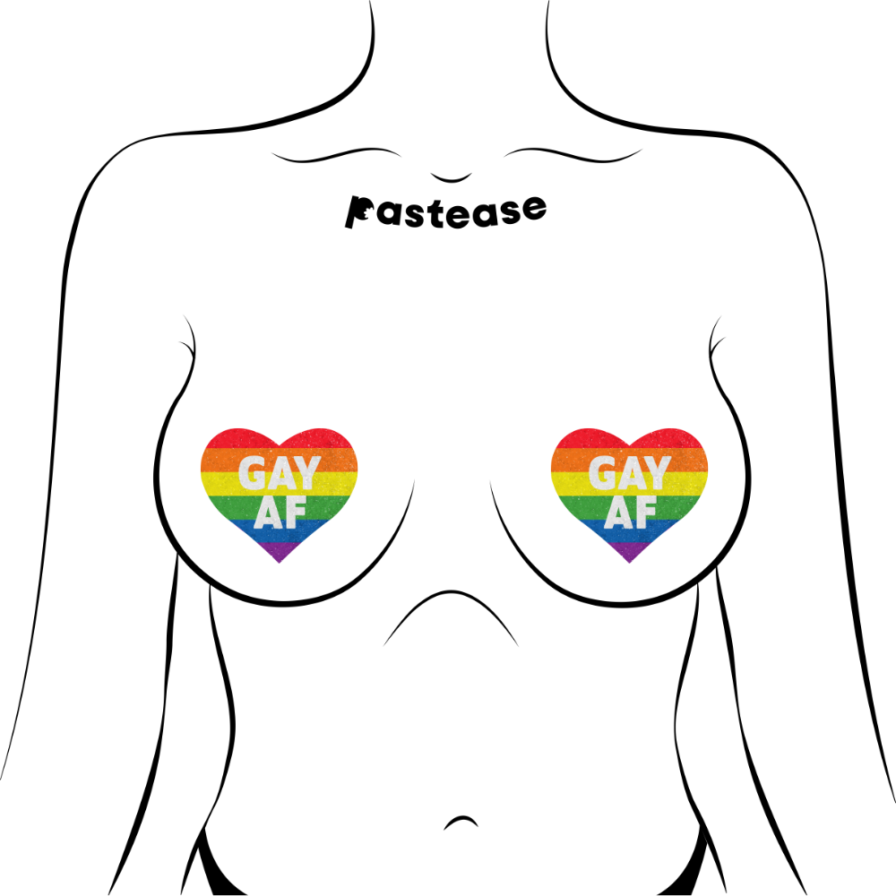 5-Pack: Love: Rainbow 'GAY AF' on Glitter Velvet Heart Nipple Pasties by Pastease® o/s