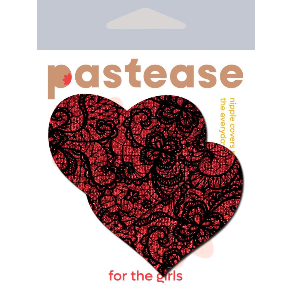 5-Pack: Red Glitter Heart with Black Lace overlay Nipple Pasties by Pastease®  o/s
