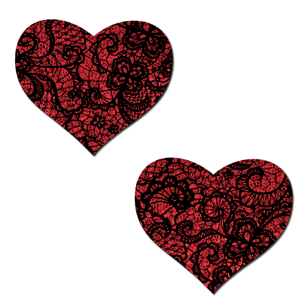 5-Pack: Red Glitter Heart with Black Lace overlay Nipple Pasties by Pastease®  o/s