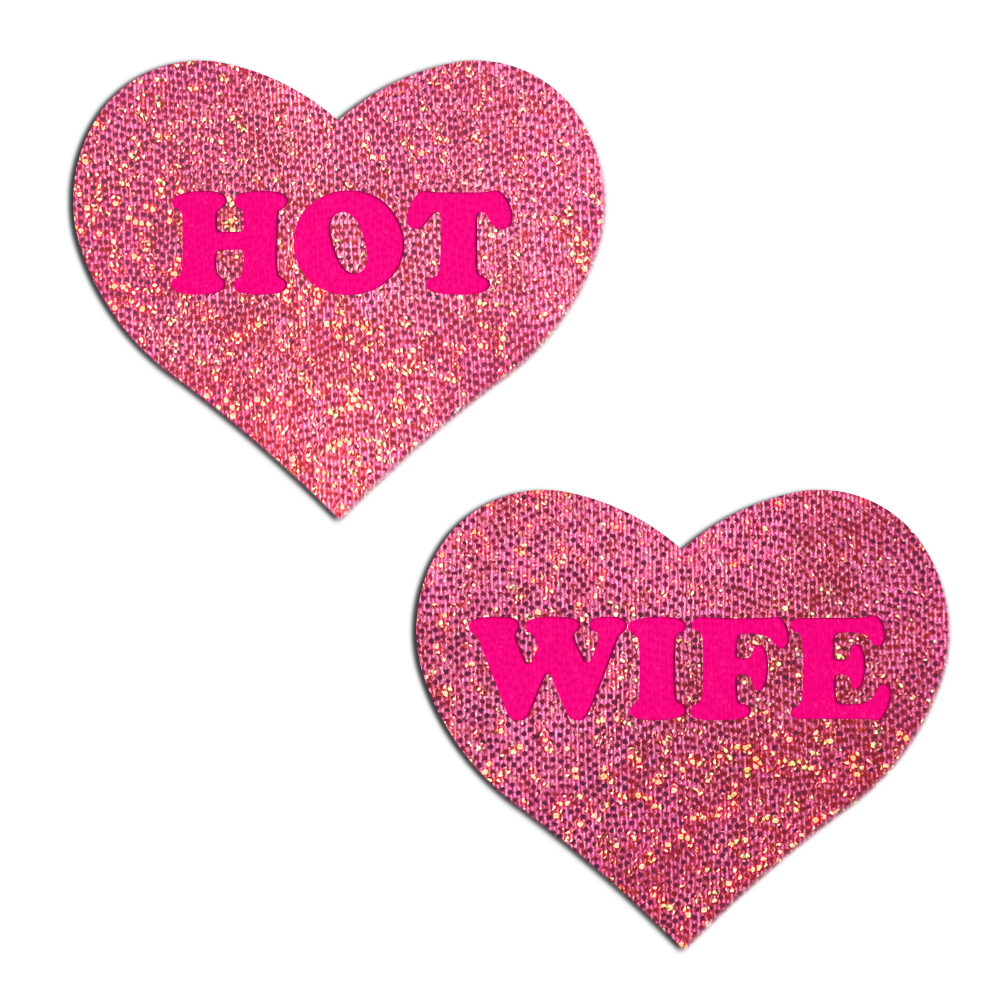 5-Pack: Love: 'HOT WIFE' in Neon Pink on Pink Glitter Heart Nipple Pasties by Pastease