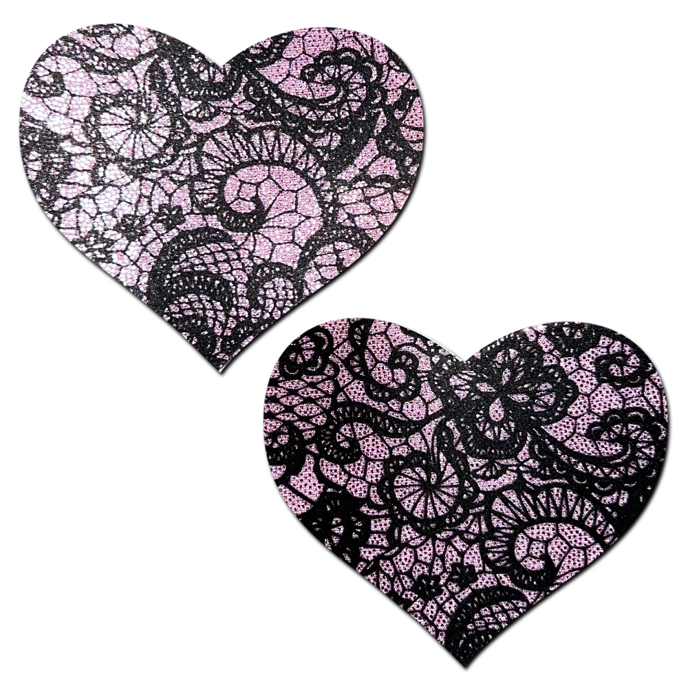 5-Pack: Love: Liquid Baby Pink with Black Lace Heart Nipple Pasties by Pastease® o/s