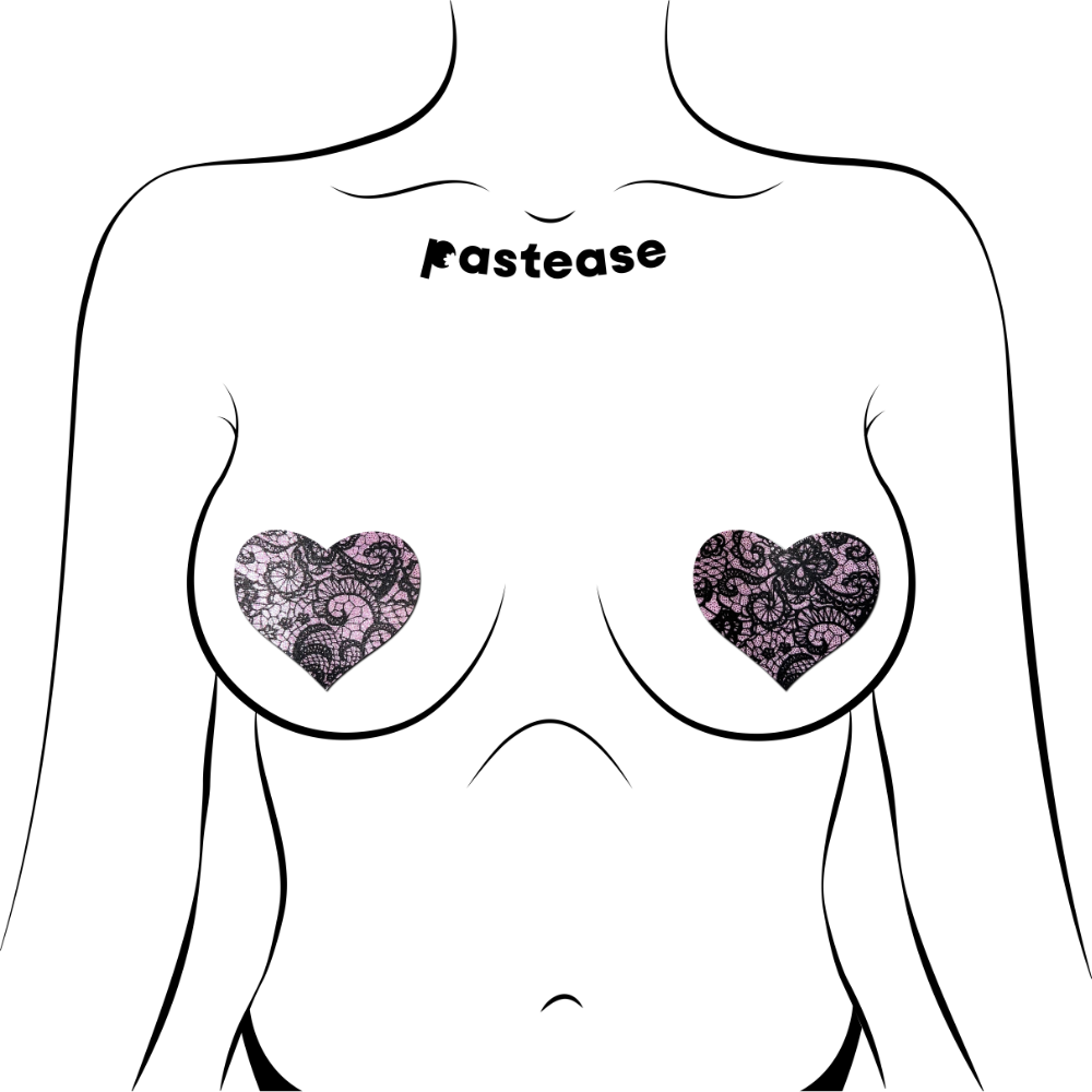 5-Pack: Love: Liquid Baby Pink with Black Lace Heart Nipple Pasties by Pastease® o/s
