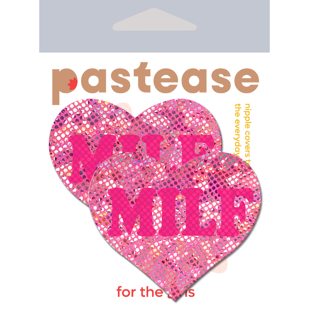 5 Pack: Love: 'MILF' in Neon Pink on Pink Disco Heart Nipple Pasties by Pastease