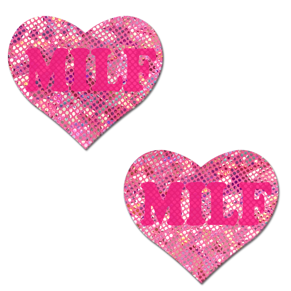 5 Pack: Love: 'MILF' in Neon Pink on Pink Disco Heart Nipple Pasties by Pastease