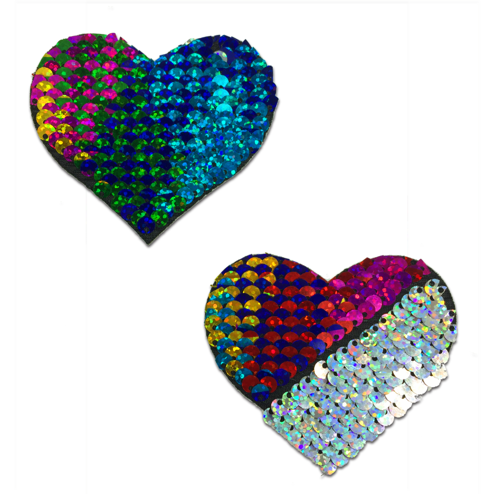 5-Pack: Love: Rainbow & Silver Glitter Color Changing Sequin Heart Nipple Pasties by Pastease® o/s