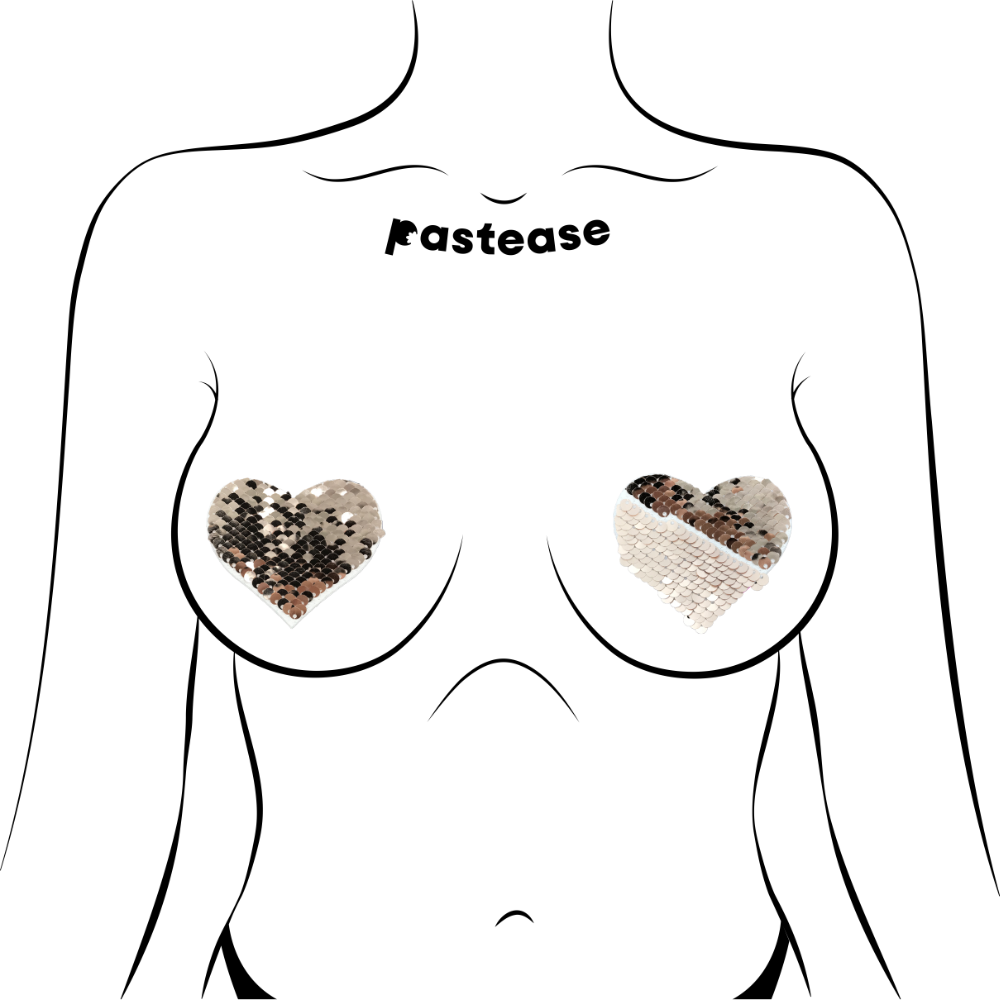 5-Pack: Love: Rose Gold Shiny & Matte Flip Sequin Heart Nipple Pasties by Pastease®
