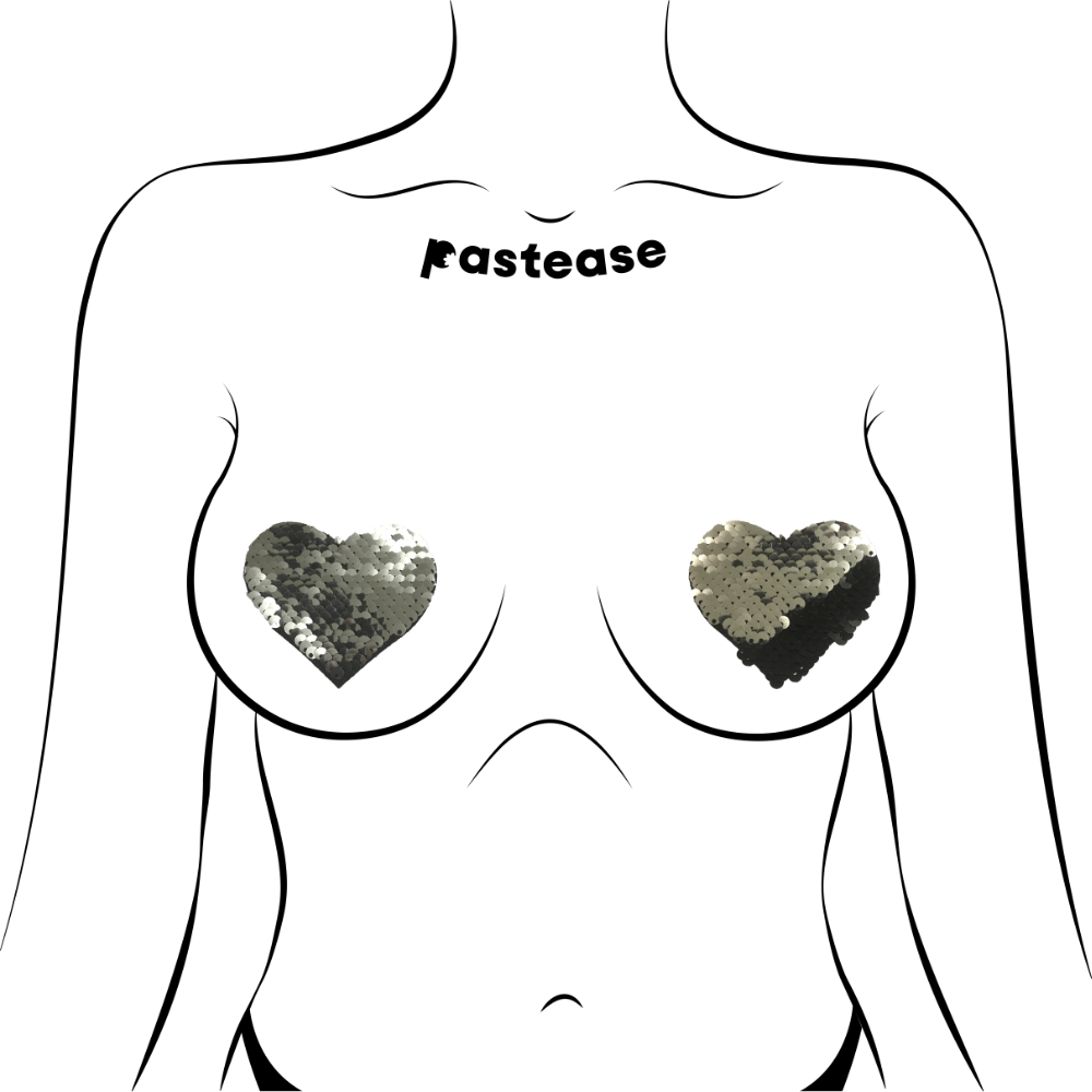 5-Pack: Love: Silver & Black Color Changing Sequin Heart Nipple Pasties by Pastease® o/s