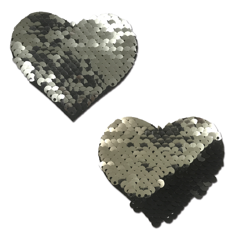 5-Pack: Love: Silver & Black Color Changing Sequin Heart Nipple Pasties by Pastease® o/s
