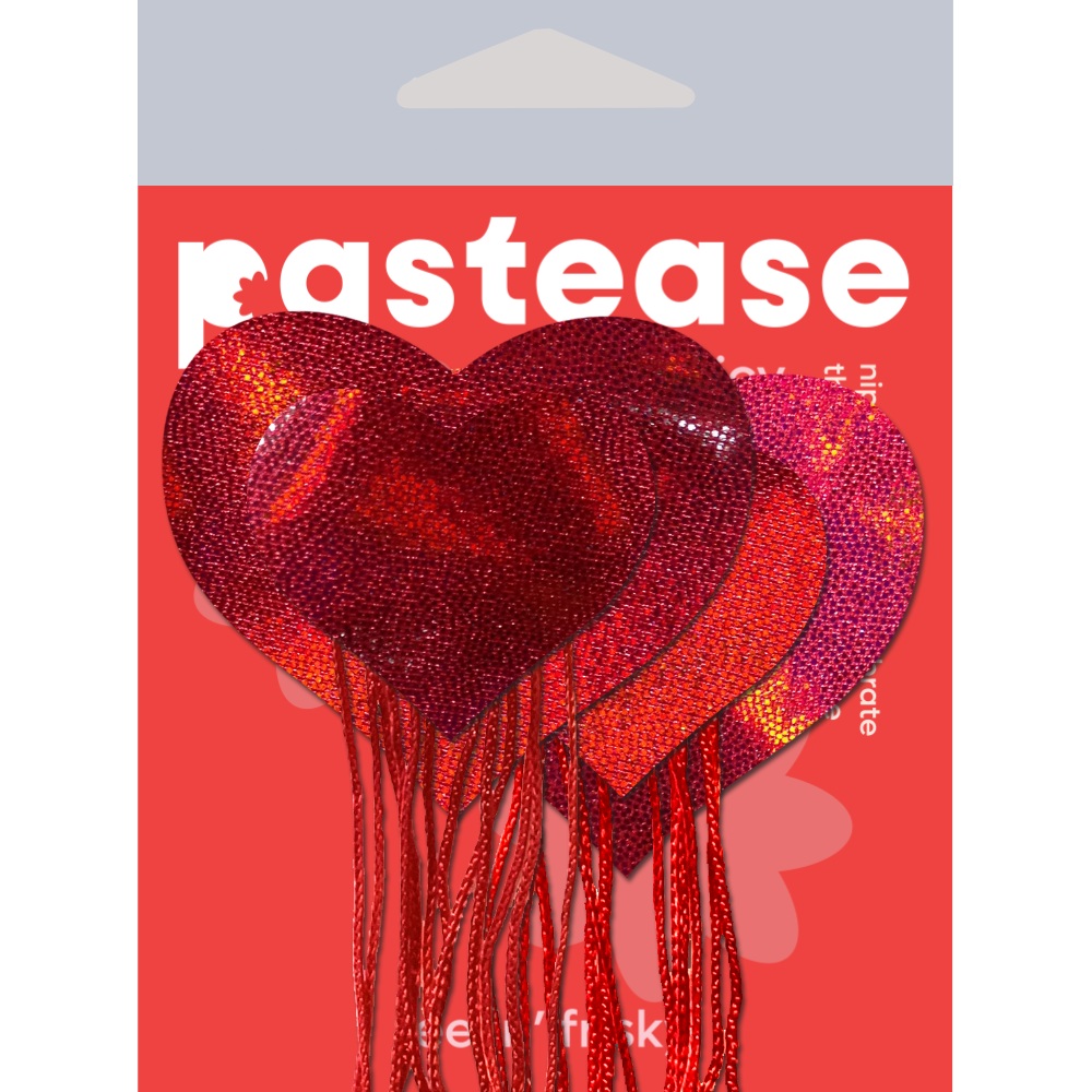 5-Pack: Tassels: Red Holographic Hearts with Tassel Fringe Nipple Pasties by Pastease® o/s