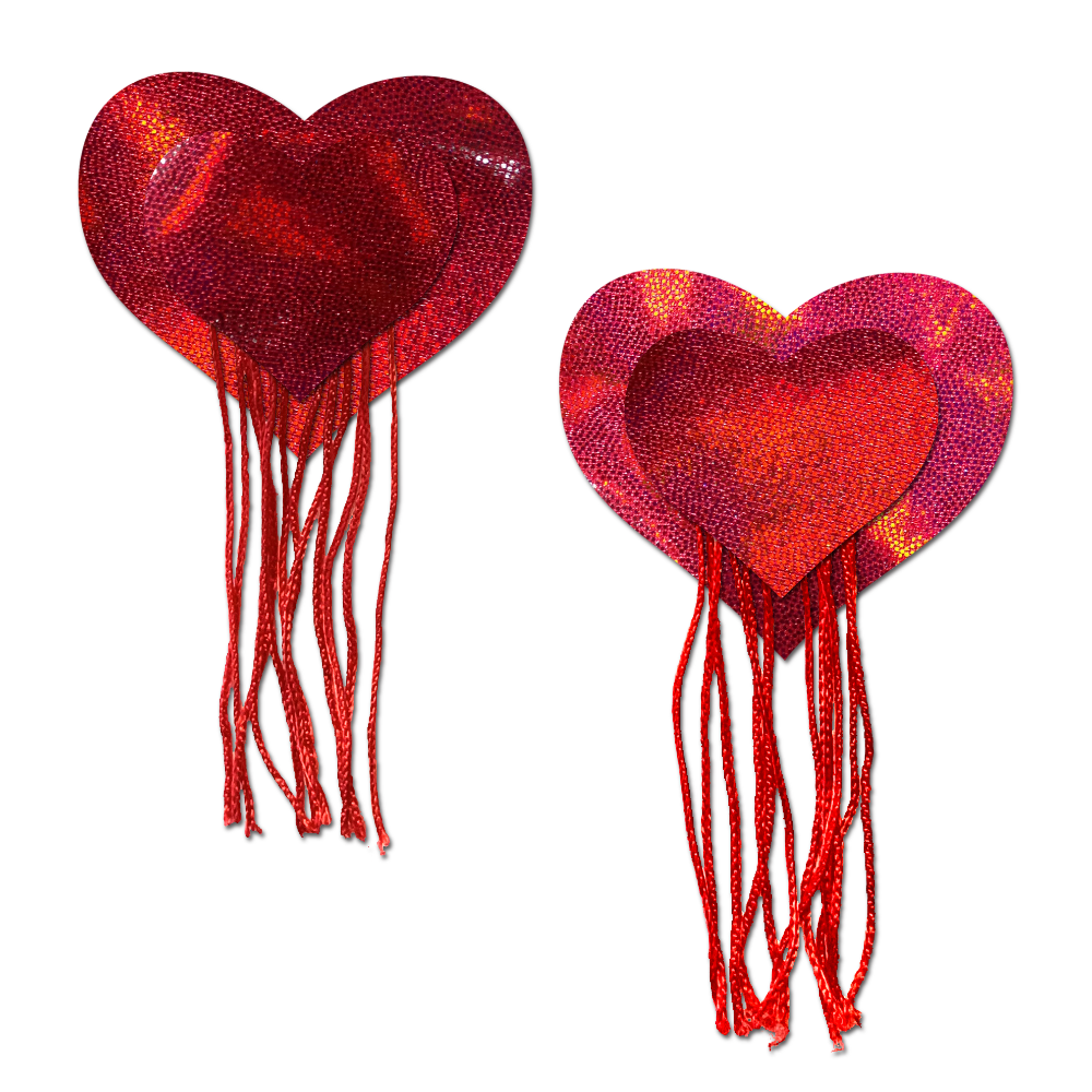 5-Pack: Tassels: Red Holographic Hearts with Tassel Fringe Nipple Pasties by Pastease® o/s