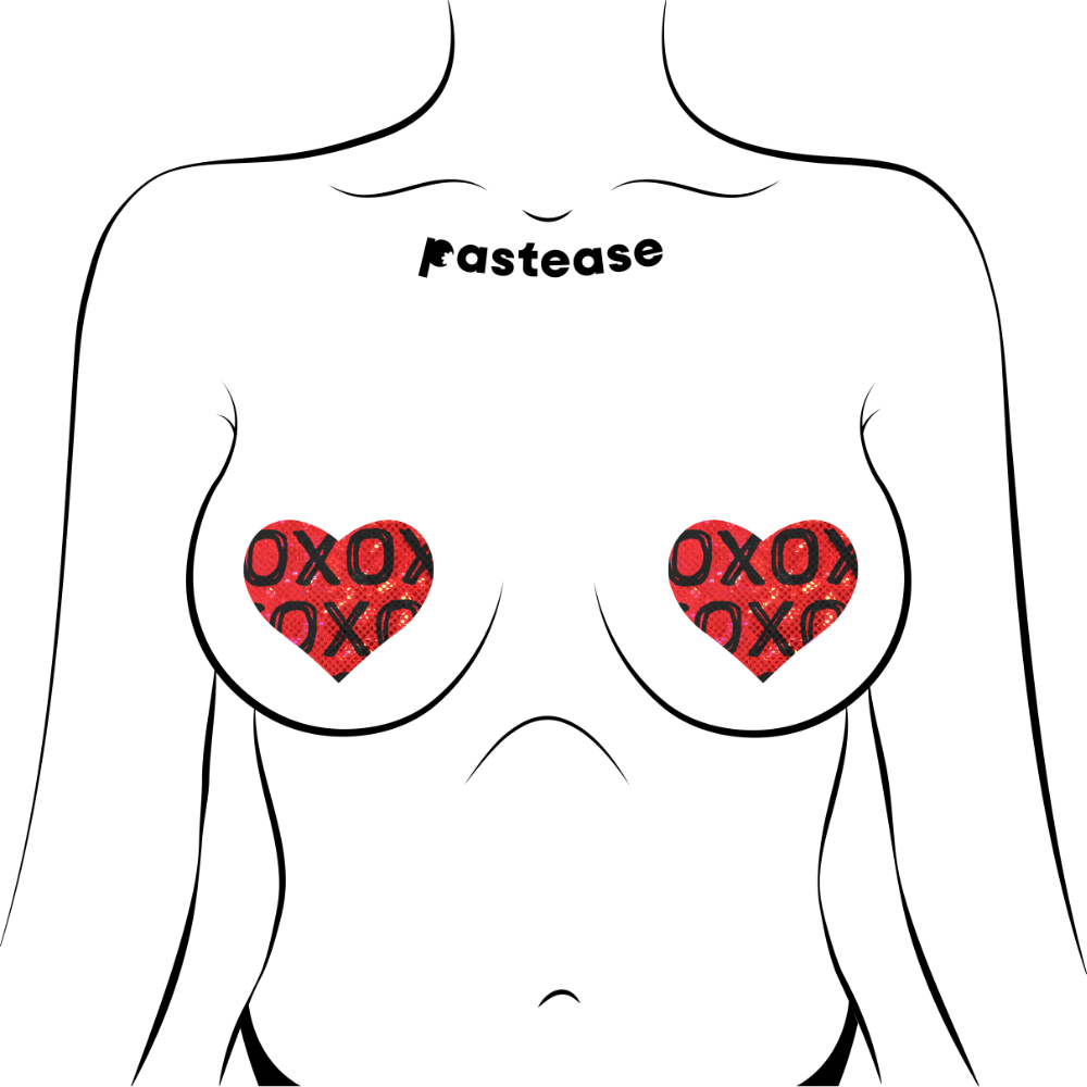 5-Pack: Love: Shattered Glass Disco Ball Red with Black XO Heart Nipple Pasties by Pastease® o/s