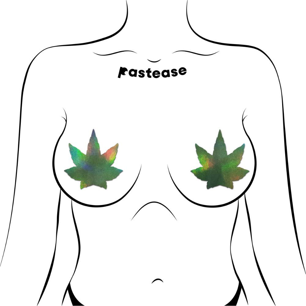 5-Pack: Indica Pot Leaf: Green Holographic Weed Nipple Pasties by Pastease® o/s