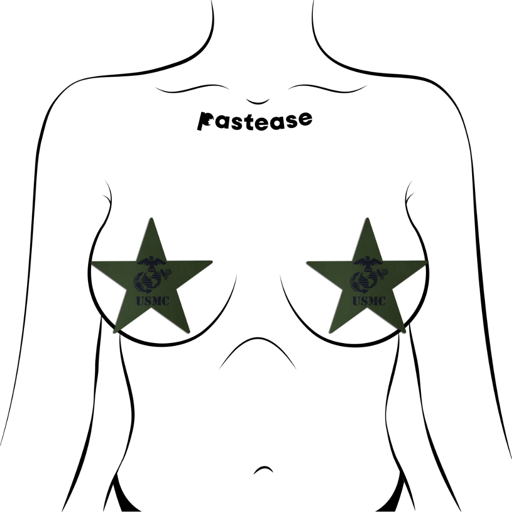 5 Pack:Nautical Star: Military USMC US Marines Insignia Black on Green Nipple Pasties by Pastease® o/s