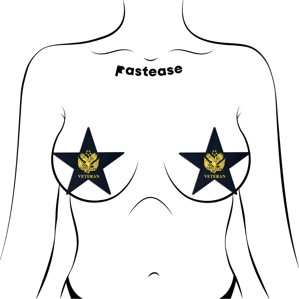 5 Pack: Nautical Star: Military 'Veteran' Insignia Yellow on Black Nipple Pasties by Pastease® o/s