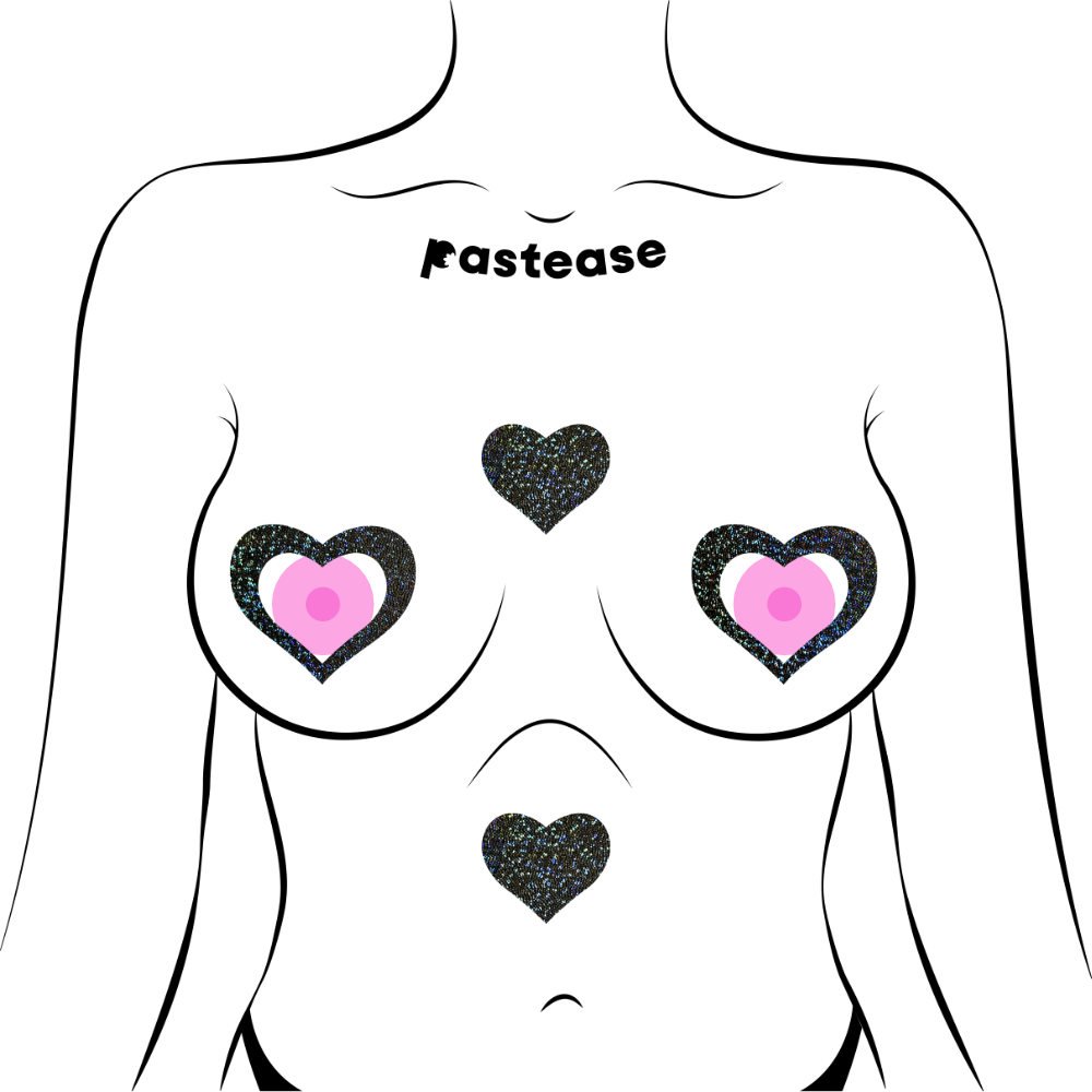 5-Pack: Peek-a-Boob: Black Glitter Heart Frame & Center Nipple Pasties by Pastease® o/s