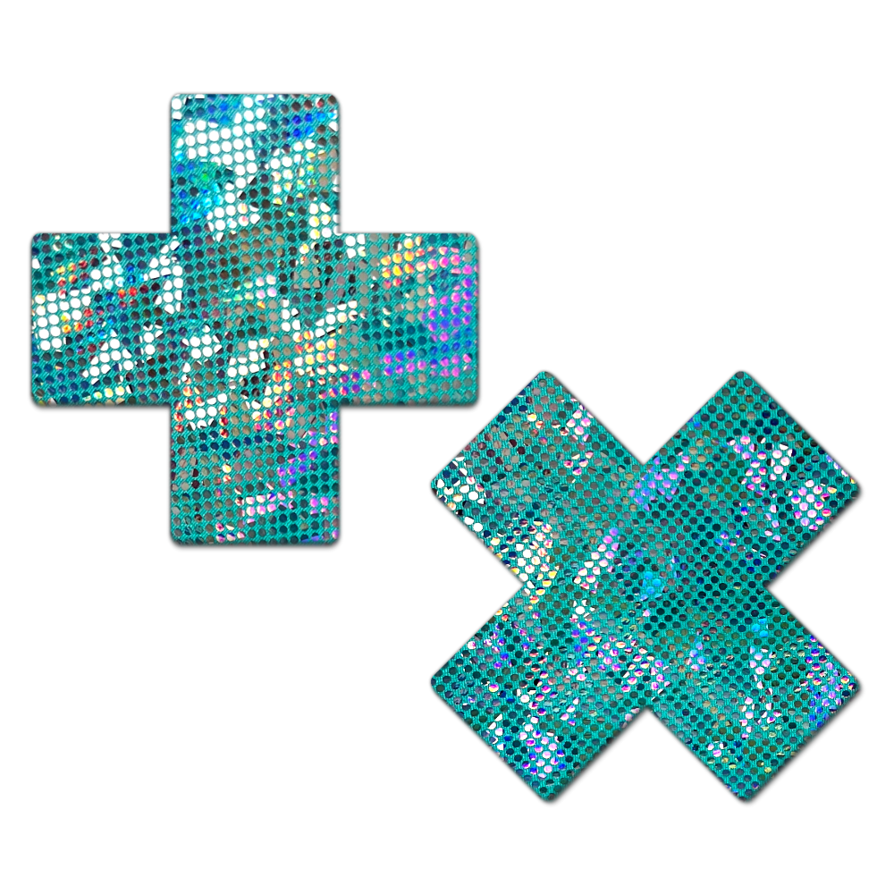 5-Pack: Plus X: Shattered Glass Disco Ball Glitter Seafoam Cross Nipple Pasties by Pastease®