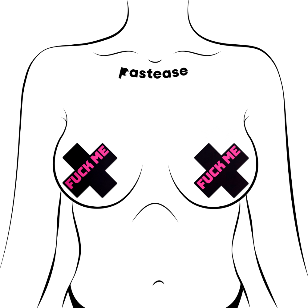 5-Pack: Plus X: 'Fuck Me' Black Cross on Neon Pink Base Nipple Pasties by Pastease® o/s