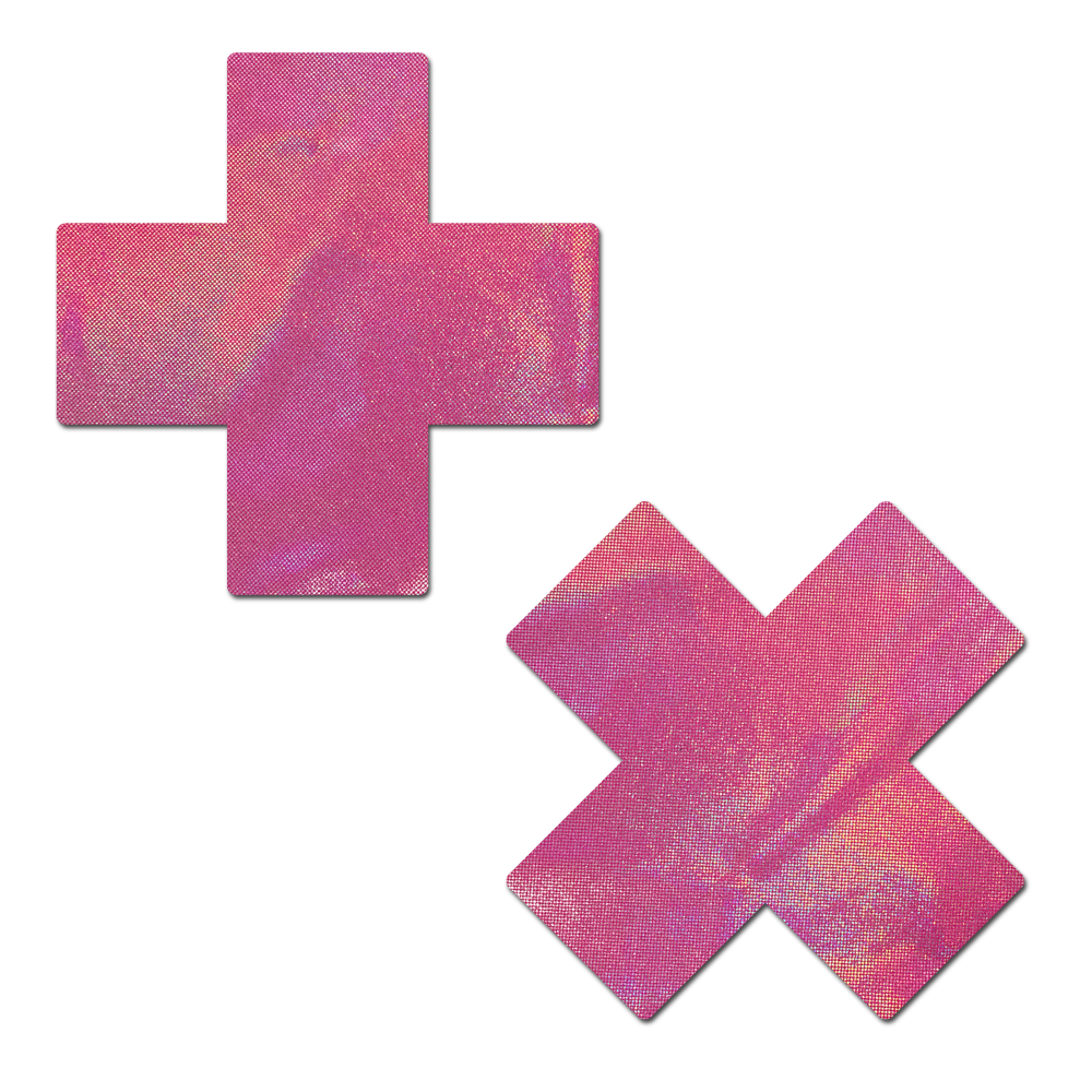 5-Pack: Plus X: Holographic Bubblegum Pink Cross  Nipple Pasties by Pastease® o/s