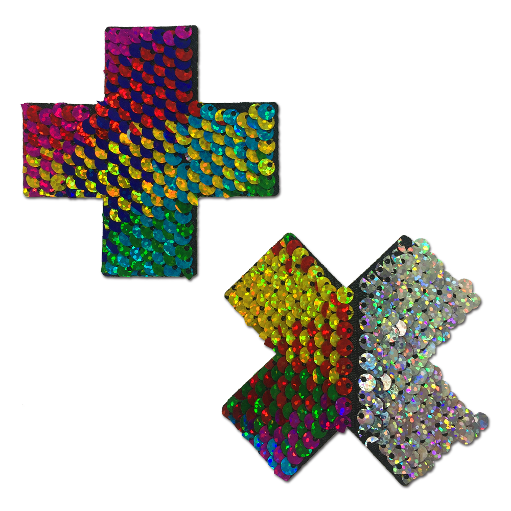 5-Pack: Plus X: Rainbow & Silver Glitter Flip Sequin Cross Nipple Pasties by Pastease® o/s