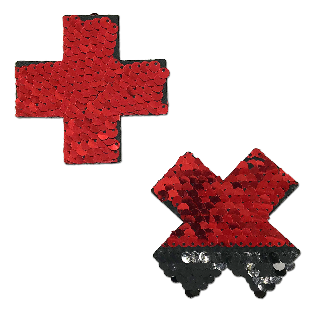 5-Pack: Plus X: Red & Black Flip Sequin Cross Nipple Pasties by Pastease® o/s
