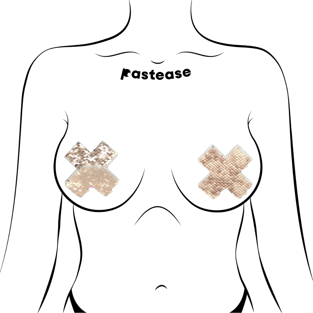 5-Pack: Plus X: Rose Gold Shiny & Matte Flip Sequin Cross Nipple Pasties by Pastease® o/s