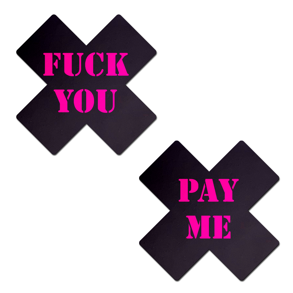 5-Pack: Plus X: Black with Pink 'Fuck You, Pay Me' Cross Nipple Pasties by Pastease®