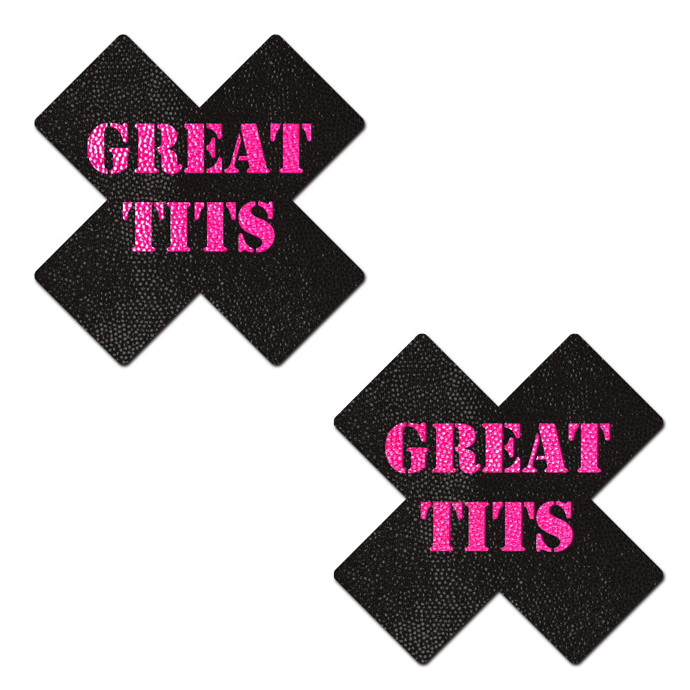 5-Pack: Plus X: Black with Pink 'Great Tits' Cross Nipple Pasties by Pastease®