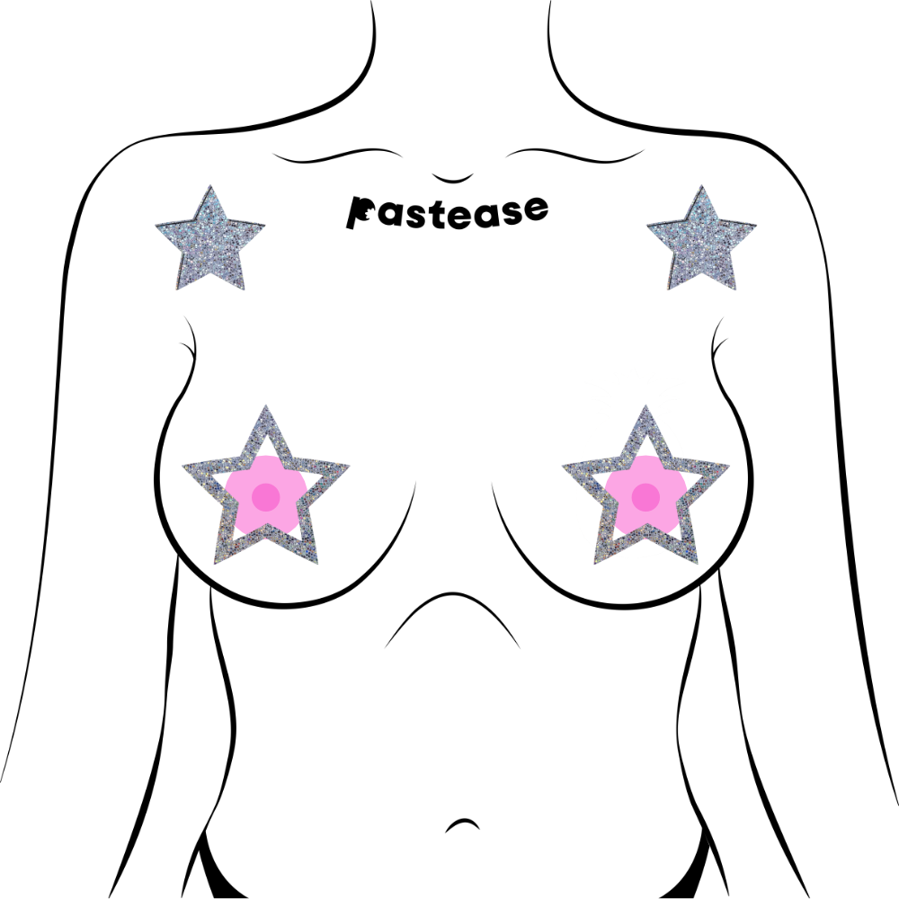 5-Pack: Peek-a-Boob: Silver Glitter Star Frame & Center Nipple Pasties by Pastease® o/s