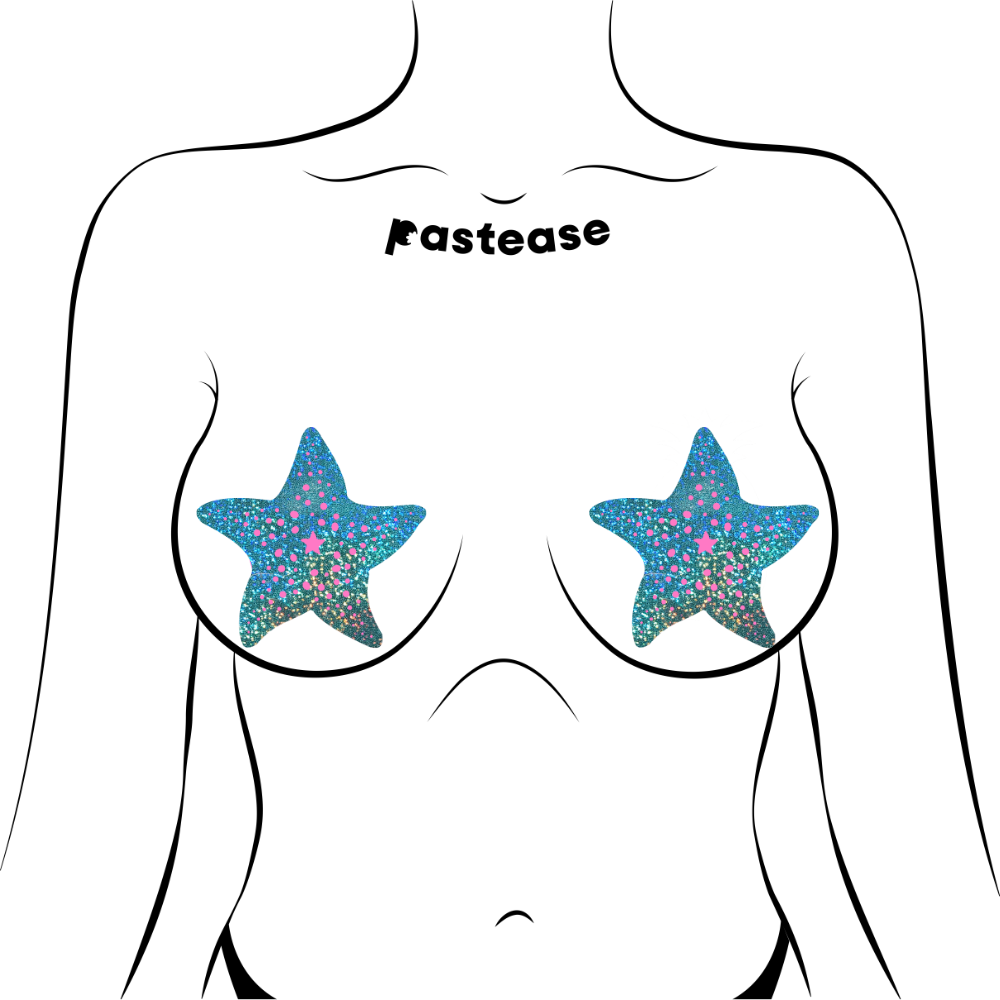 5-Pack: Starfish: Twinkling Seafoam Green & Pink Print Sea Star Nipple Pasties by Pastease®  o/s