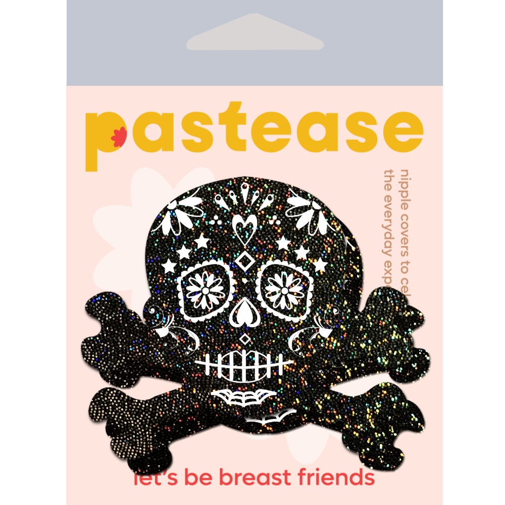 5-Pack: Black Glitter Candy Skull & Crossbones Nipple Pasties by Pastease® o/s