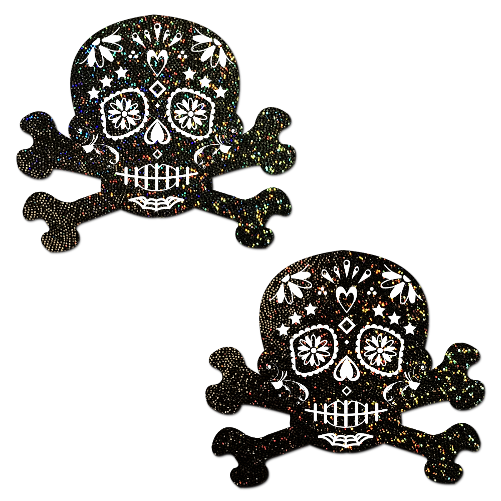5-Pack: Black Glitter Candy Skull & Crossbones Nipple Pasties by Pastease® o/s