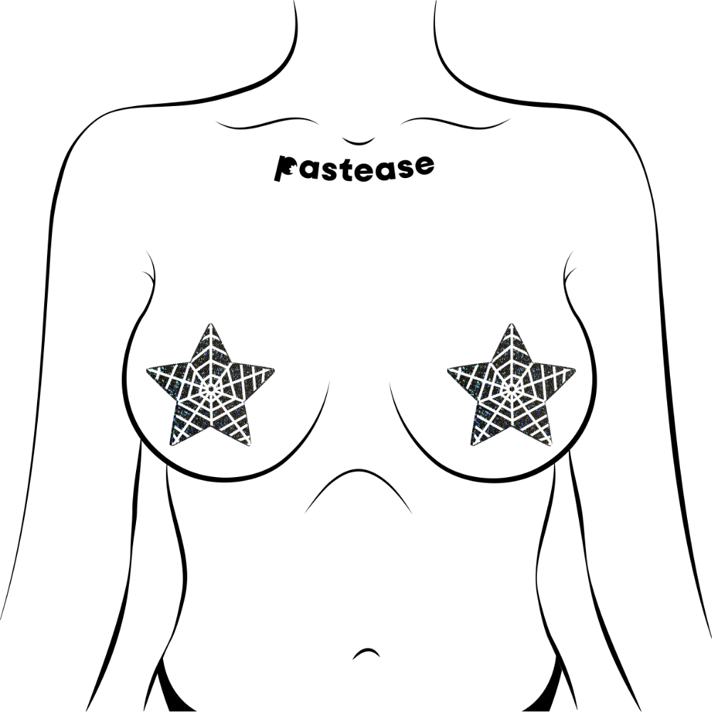 5-Pack: Star: Black Glitter Star with White Glow in the Dark Web Nipple Pasties by Pastease® o/s