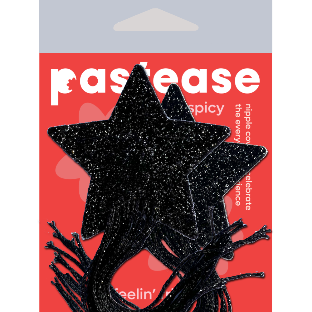 5-Pack: Tassel Pasties: Black Sparkle Star Pastease with Long Fringe Nipple Pasties by Pastease® o/s