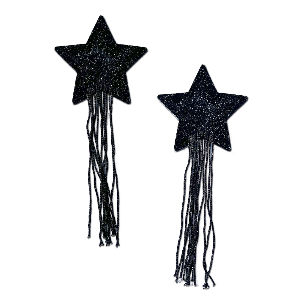 5-Pack: Tassel Pasties: Black Sparkle Star Pastease with Long Fringe Nipple Pasties by Pastease® o/s