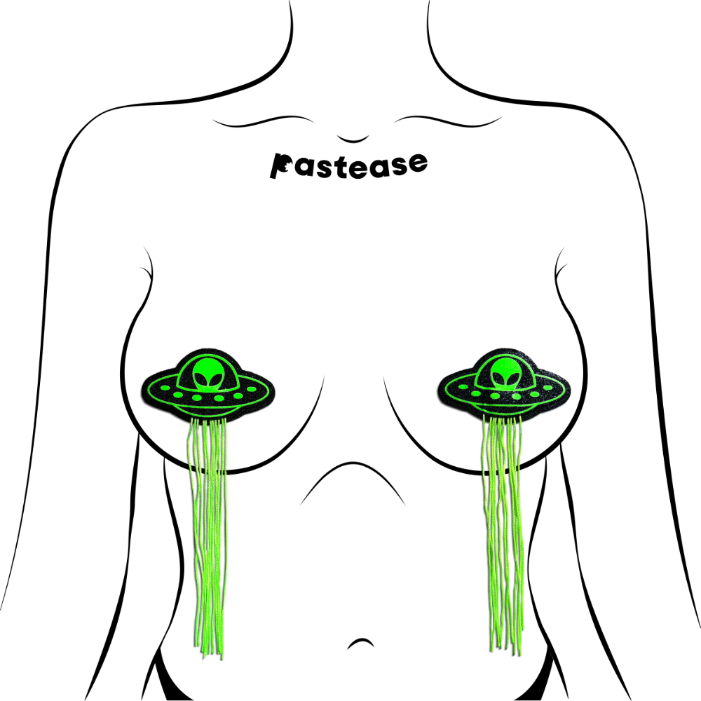 5 Pack: Tassel UFO Alien Glow-in-the-Dark Neon Green on Black Nipple Pasties by Pastease®
