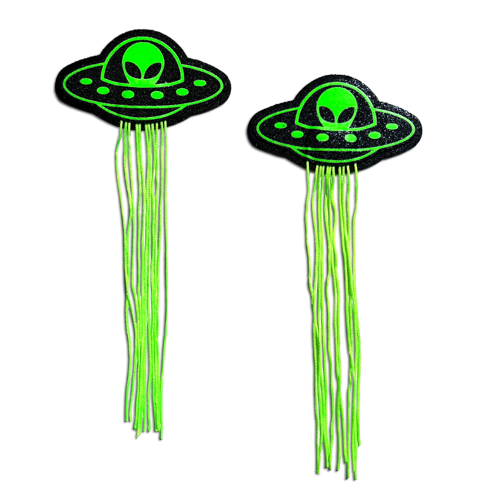 5 Pack: Tassel UFO Alien Glow-in-the-Dark Neon Green on Black Nipple Pasties by Pastease®